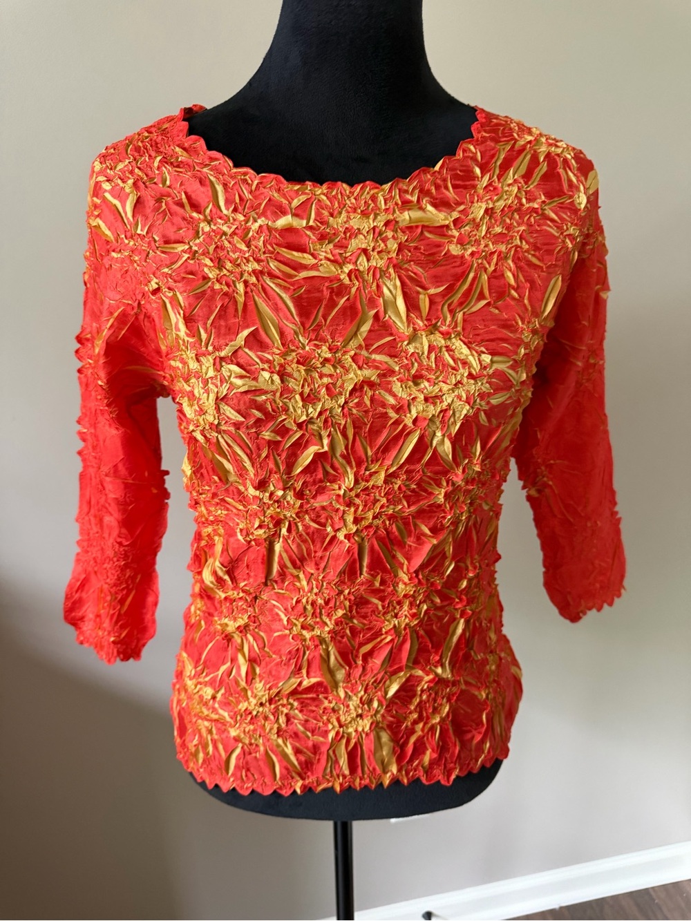 Magic Scarf Orange & Gold Textured Floral Top 3/4 Sleeves Stretchy ONE Size